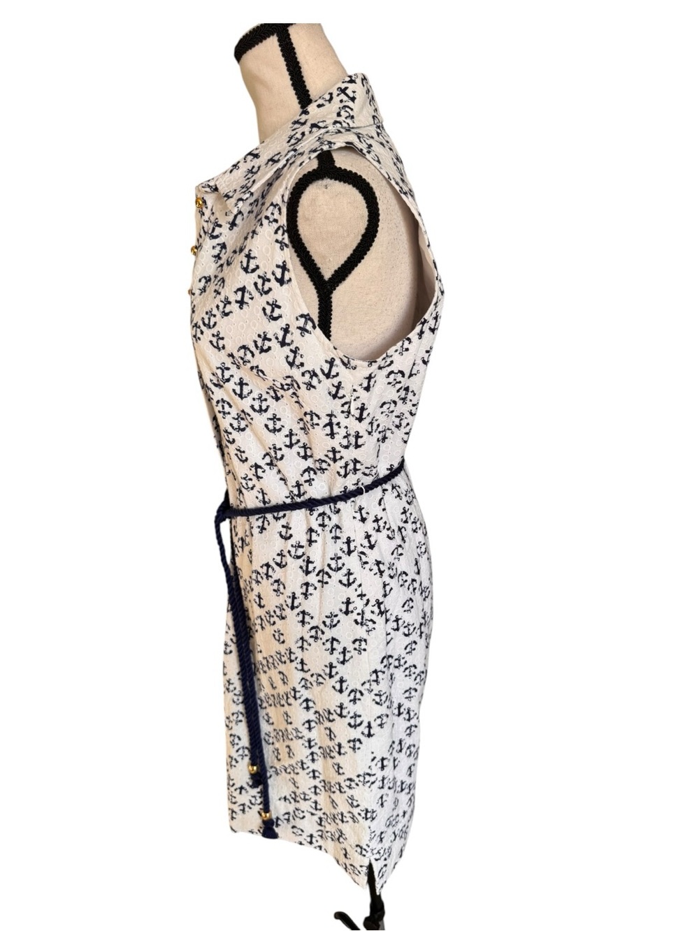 Vineyard Vines Anchor Print Shirt Dress White Navy Eyelet Rope Belt Size 4 NWOT - Picture 4 of 5